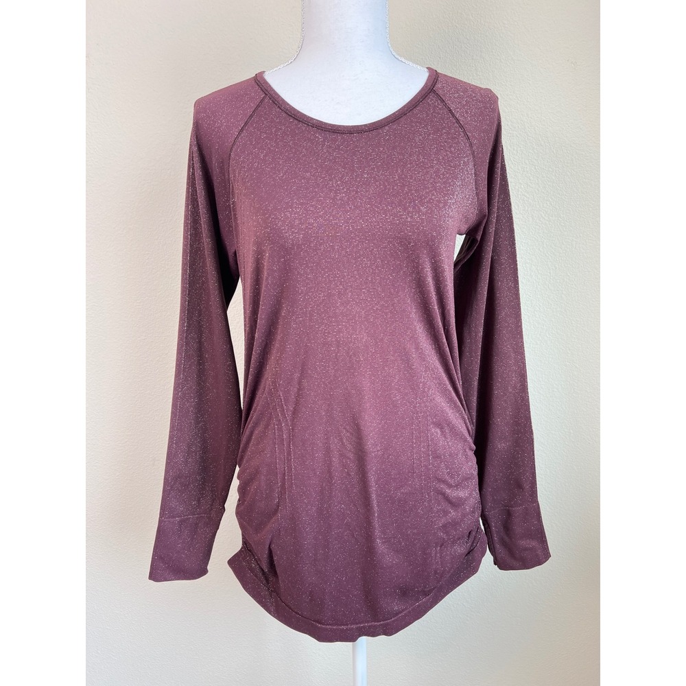 Athleta‎ Speedlight Glow Long Sleeve Shimmer Top Womens M Burgundy Plum Ruched